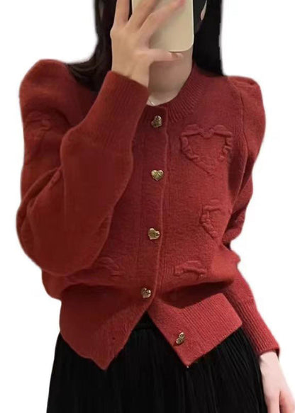 Red O Neck Button Knit Cardigan Fall