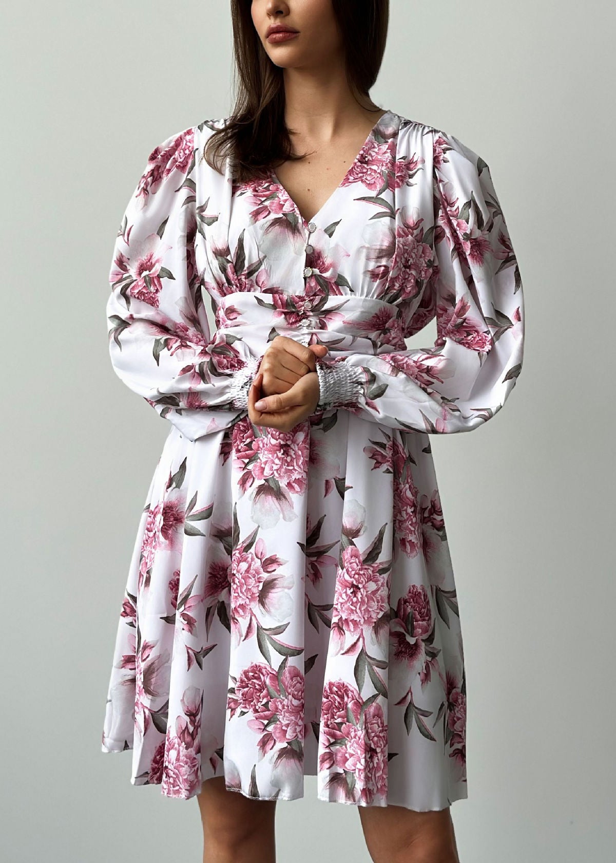 French V Neck Print Wrinkled Chiffon Mid Dresses Spring