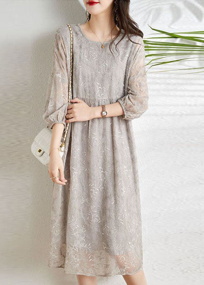 Light Grey Cinched Embroidered Chiffon Vacation Dresses Three Quarter Sleeve