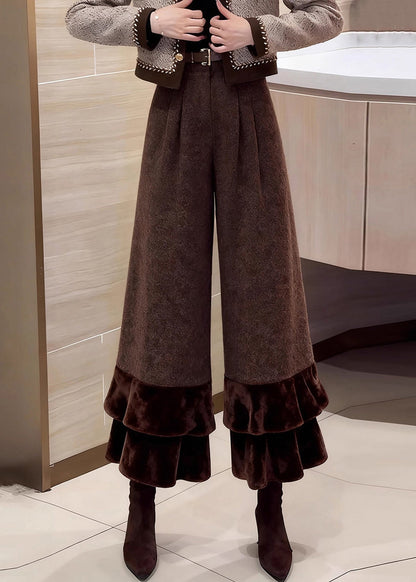 Coffee Ruffled Patchwork High Waist Woolen Crop Pants Winter