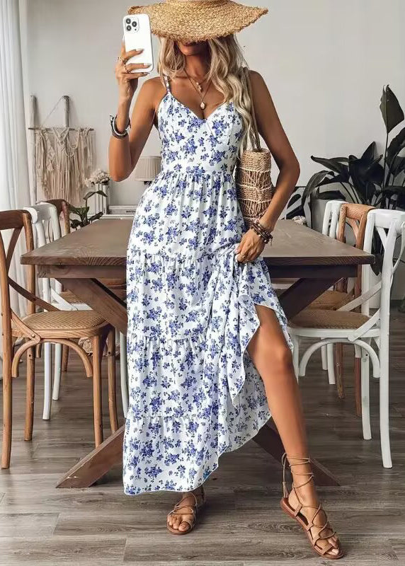 Blue Print Bow Cotton Spaghetti Strap Dress Summer