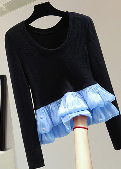 Black Chiffon Patchwork Nail Bead Cotton Knit Top Winter