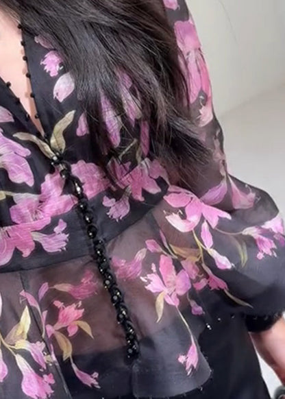 Black V Neck Print Top Lantern Sleeve