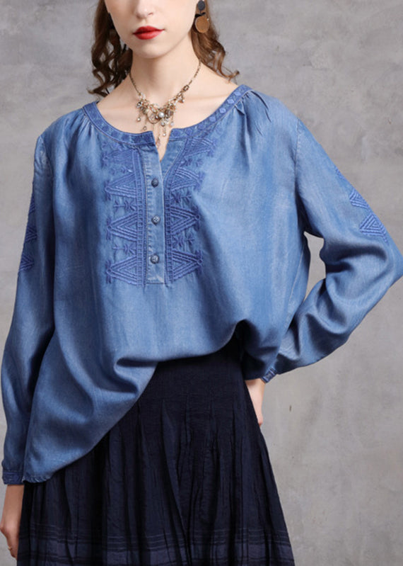 Brief Blue O-neck Embroidered Button Denim Shirts Spring