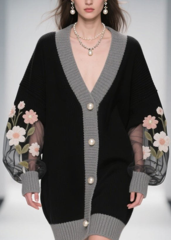 Stylish Black V Neck Tulle Patchwork Knit Cardigans Fall