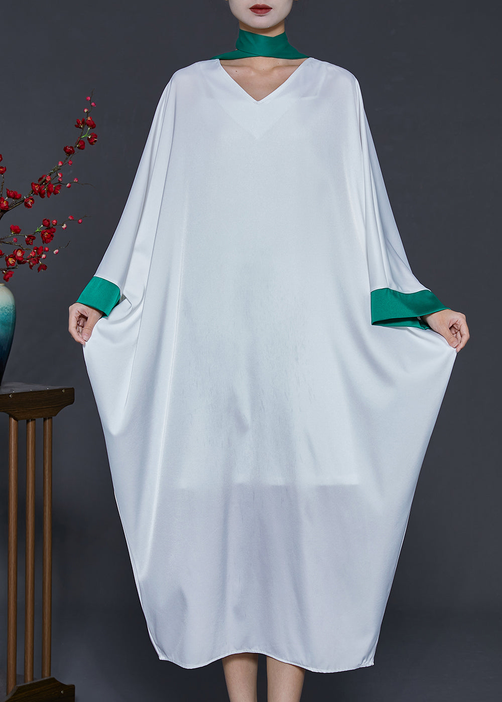 White Oversized Patchwork Silk Dresses Batwing Sleeve