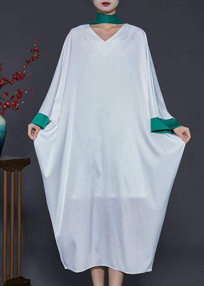 White Oversized Patchwork Silk Dresses Batwing Sleeve