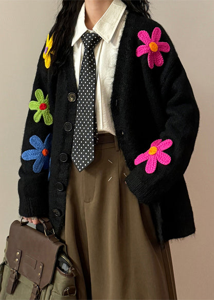 Loose Black V Neck Button Knit Coats Spring