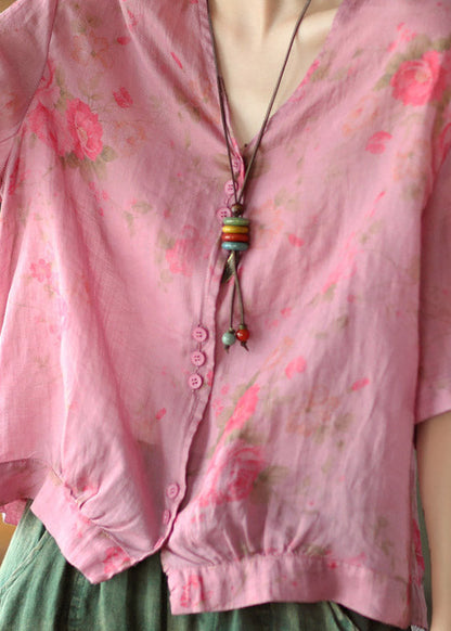 Italian Pink Flowers V Neck Print Button Linen Top Half Sleeve