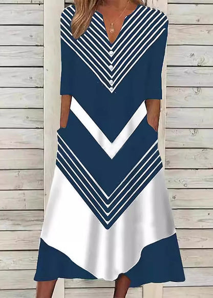Black V Neck Striped Cotton Long Dresses Summer