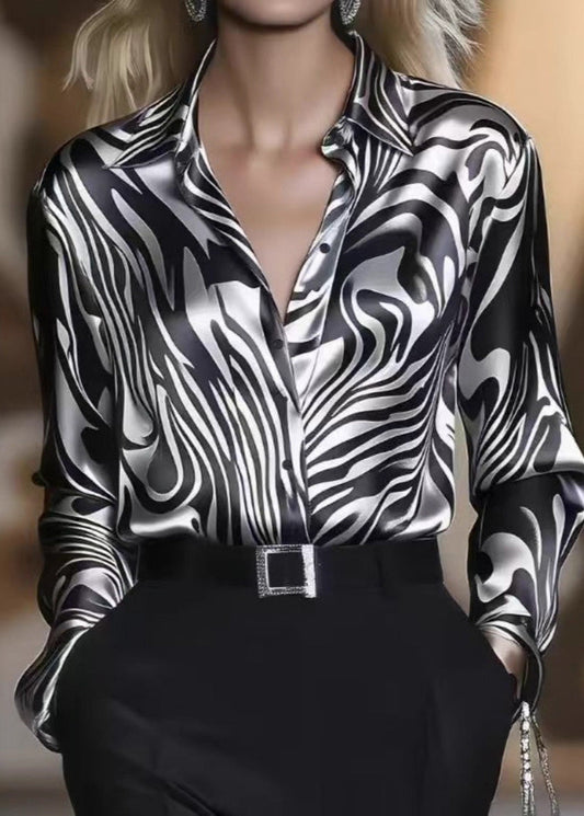 Modern Black Zebra Pattern Peter Pan Collar Silk Blouse Tops Spring
