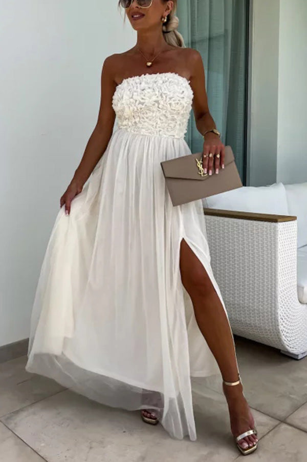 Romance and Lightness Tulle Texture Pleated Patchwork Strapless Slit Maxi Dress