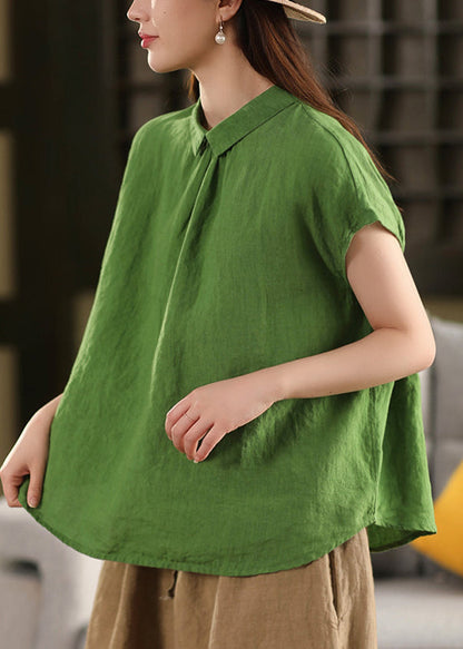 Loose Yellow Peter Pan Collar Button Linen Shirt Summer