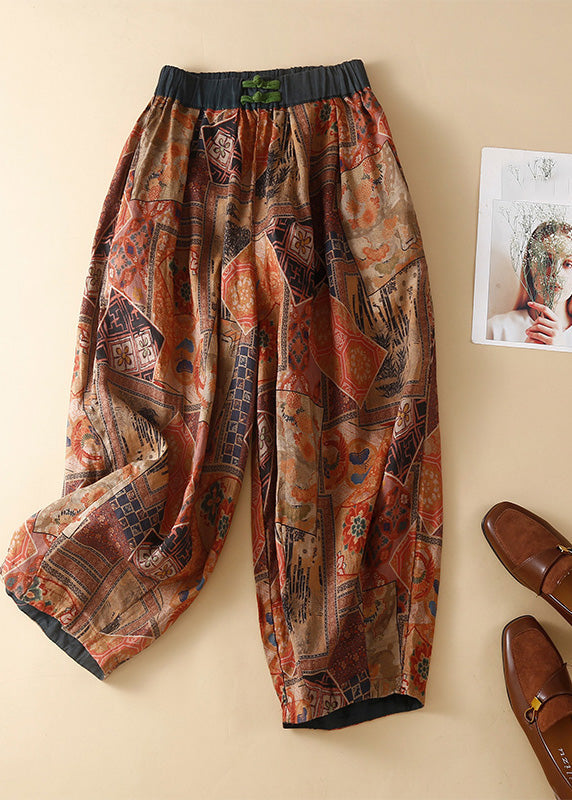 Green Pockets Elastic Waist Print Harem Pants Summer