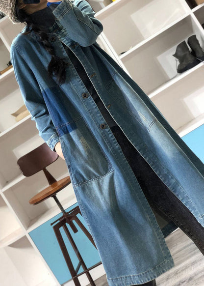 Loose Blue O-neck Button Patchwork Denim Coat Outwear Fall