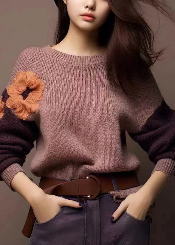 Art Purple O-neck Cozy Patchwork Knit Sweaters Winter