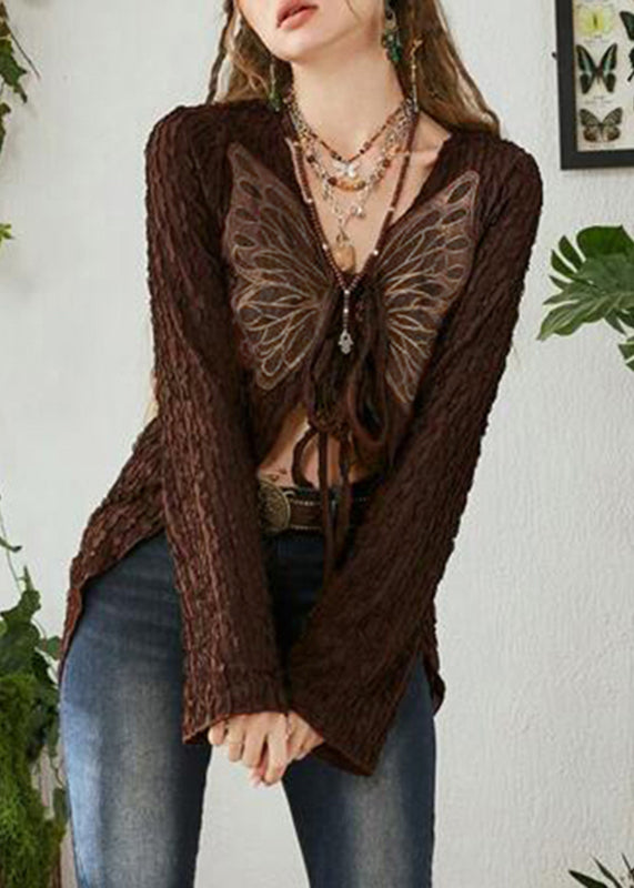 Brown Butterfly Lace Up Patchwork Knitting Cotton Cardigan Spring