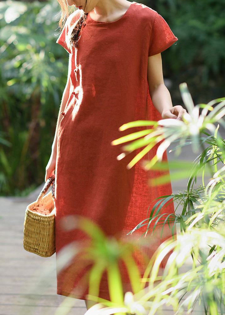 New Retro Green O Neck Button Linen Dresses Summer