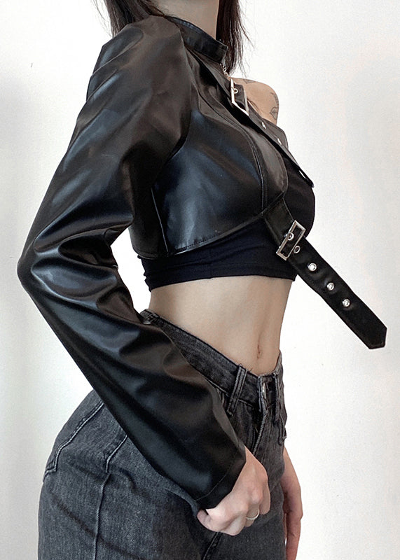 Black Asymmetrical Original Design Faux Leather Coats Spring