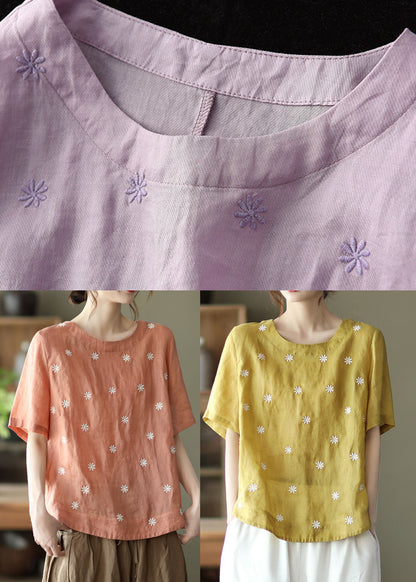 Yellow O-neck Linen Shirt Top Short Sleeve