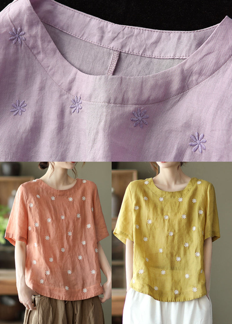 Light Purple Embroidered Linen Shirts Short Sleeve