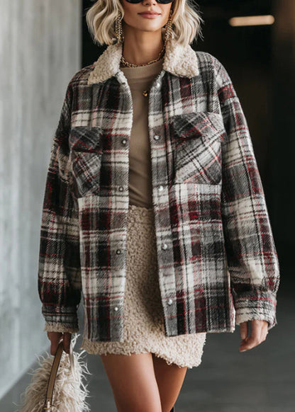 Peter Pan Collar Pockets Plaid Cotton Jacket Fall