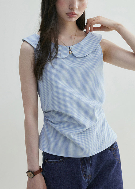 Blue Peter Pan Collar Plaid Cotton Shirt Sleeveless