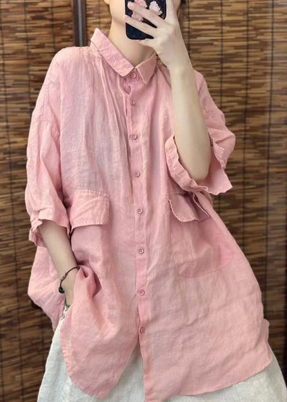 Red Oversized Pockets Linen Blouses Summer