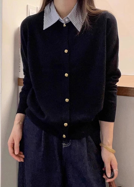 French Black Peter Pan Collar Button Patchwork Knit Top Fall