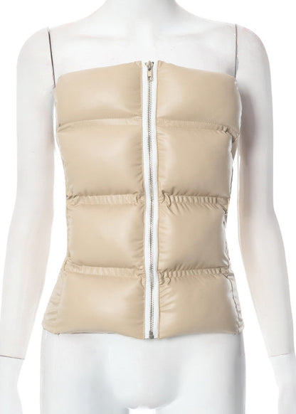 Khaki Cold Shoulder Zipper Strapless Vest