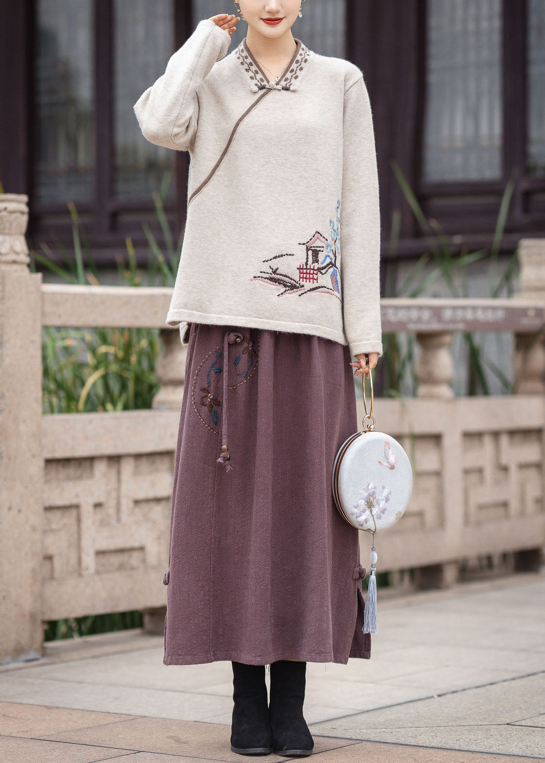 Red V Neck Oriental Button Embroidered Knit Tops Winter