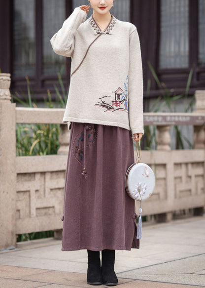 Red V Neck Oriental Button Embroidered Knit Tops Winter