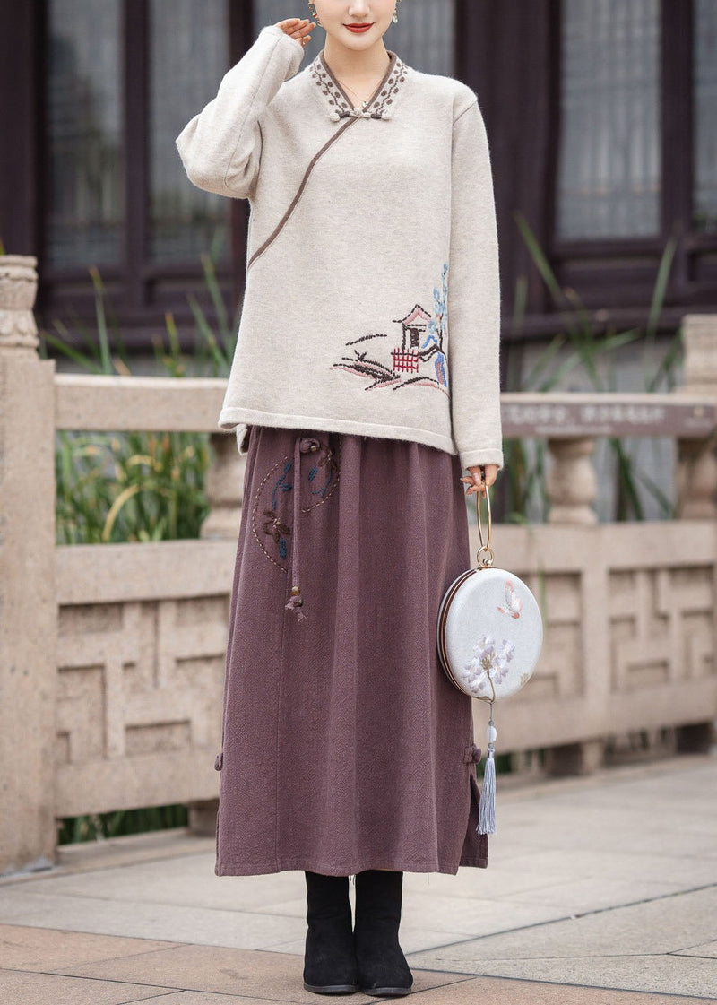 Red V Neck Oriental Button Embroidered Knit Tops Winter