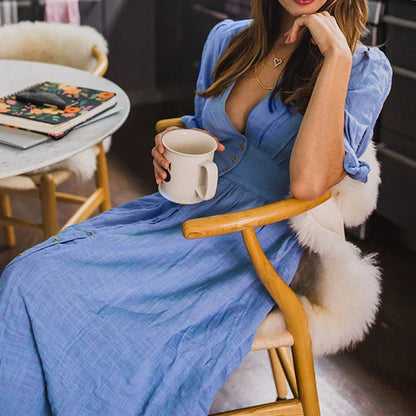Color Deep V Neck Tied Half Sleeve Button Party Long Dress Summer Party Female Clothes Vestidos