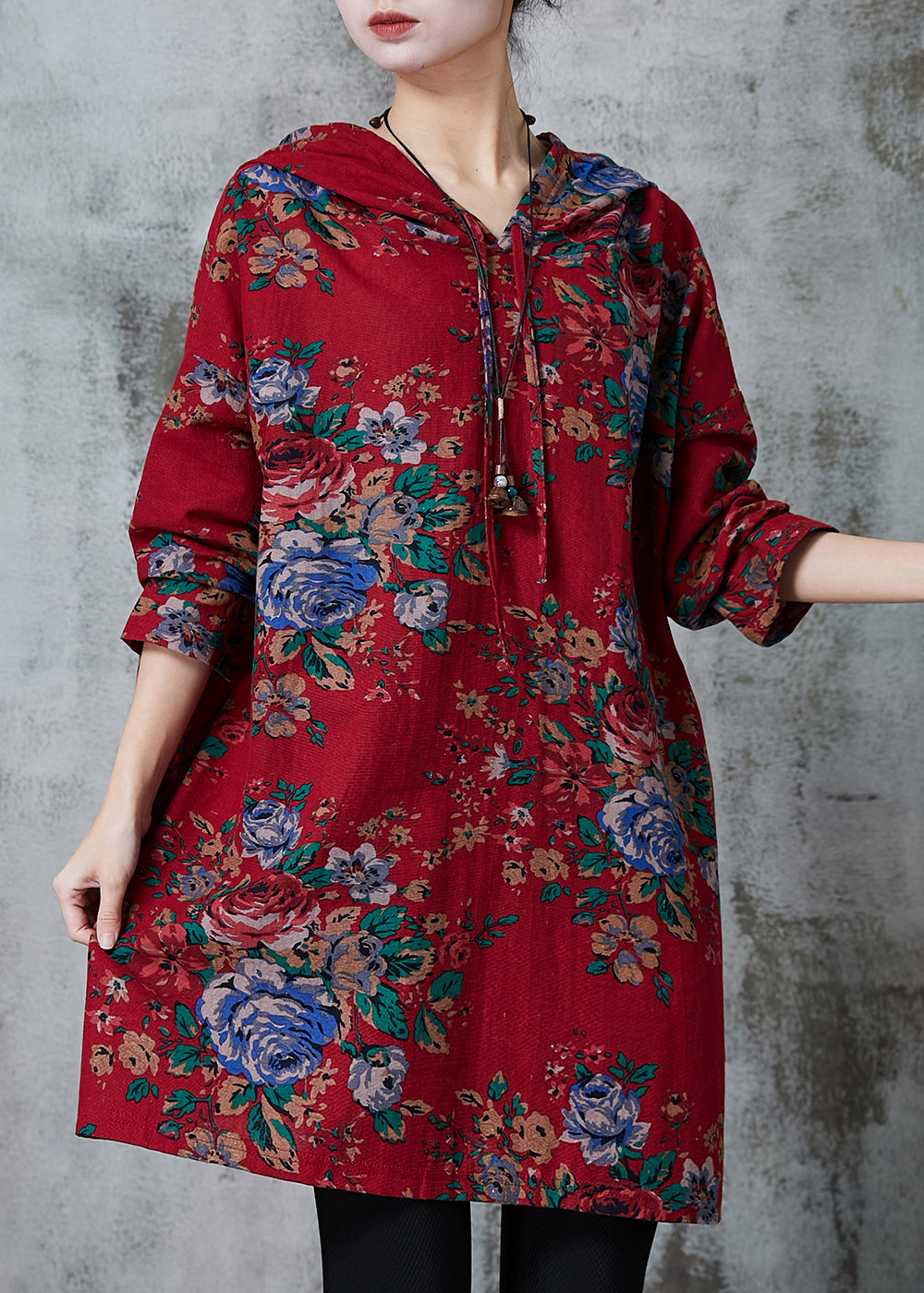 Red Oversized Print Cotton Loose Sweatshirts Dress Spring