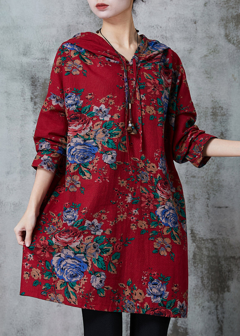 Red Oversized Print Cotton Loose Sweatshirts Dress Spring