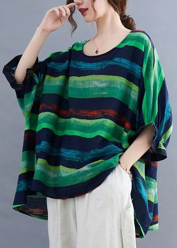 Orange O Neck Striped Cotton Top Batwing Sleeve