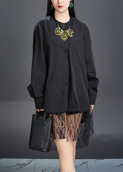 New Black O-neck Button Cotton Shirt Fall