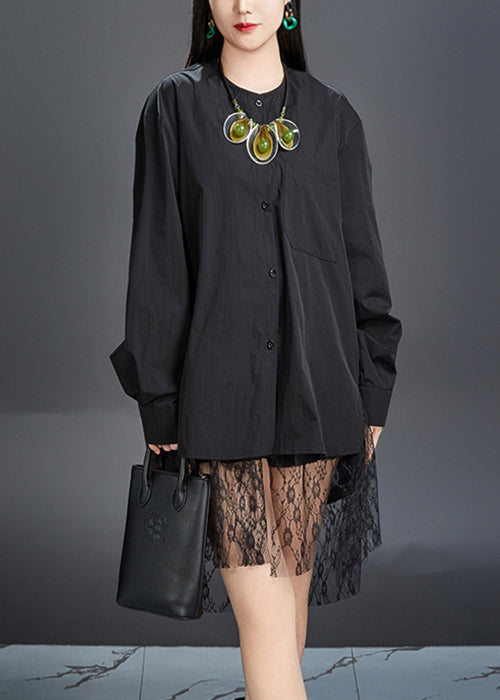 New Black O-neck Button Cotton Shirt Fall