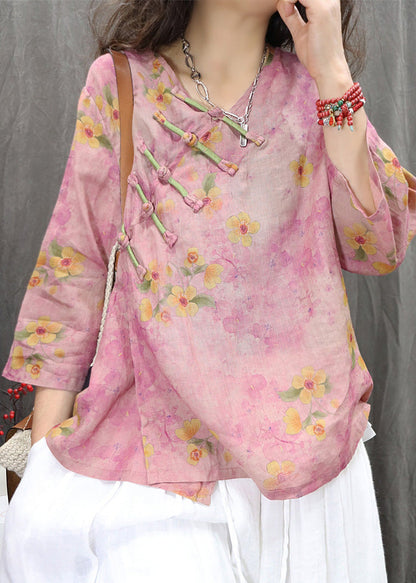Purple V Neck Chinese Button Linen Shirt Spring