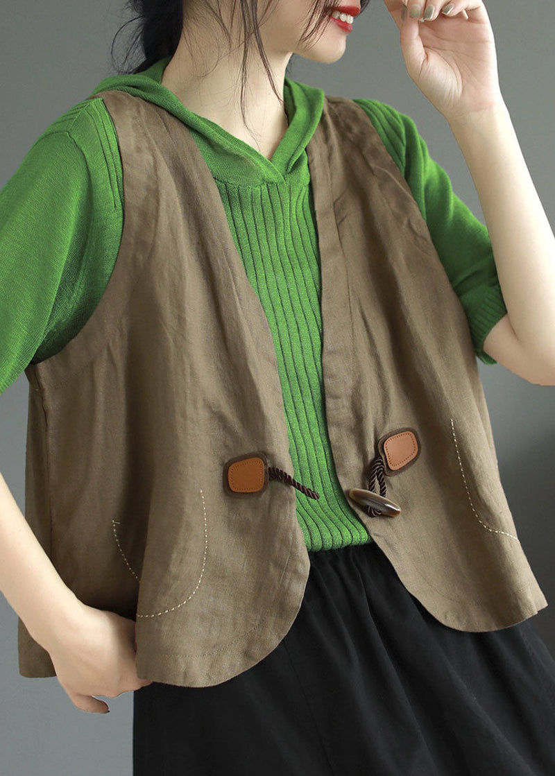 Khaki V Neck Button Patchwork Linen Vest Sleeveless