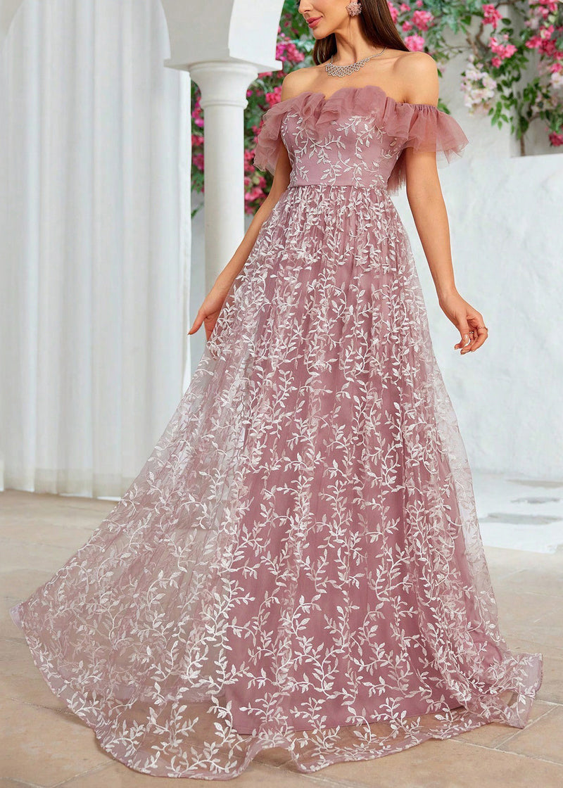 Slash Neck Embroidery High Waist Tulle Maxi Dresses Summer