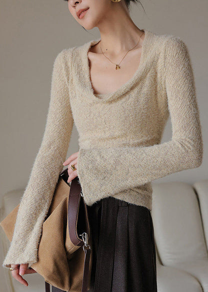 French Khaki Draped Neck Top Spring