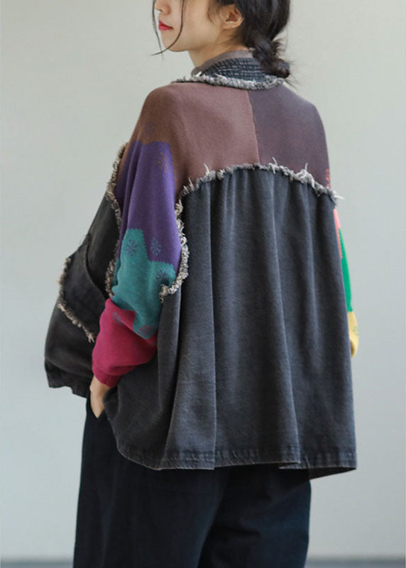 Unique Blue Denim Patchwork Knit Pockets Button Fall Coat Long Sleeve