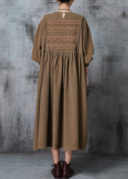 Coffee Oversized Patchwork Lace Corduroy Long Dress Spring