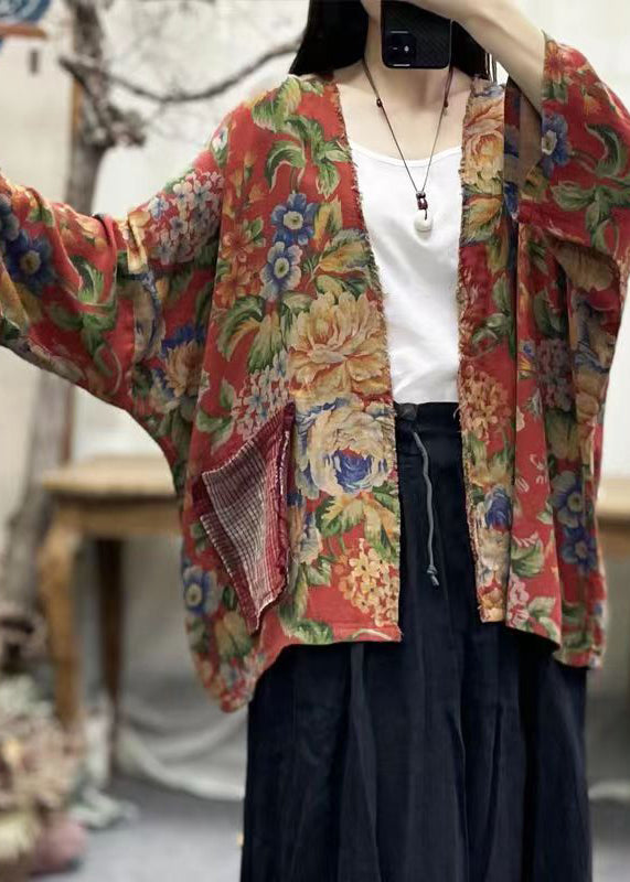 Print V Neck Pockets Cotton Cardigans Batwing Sleeve