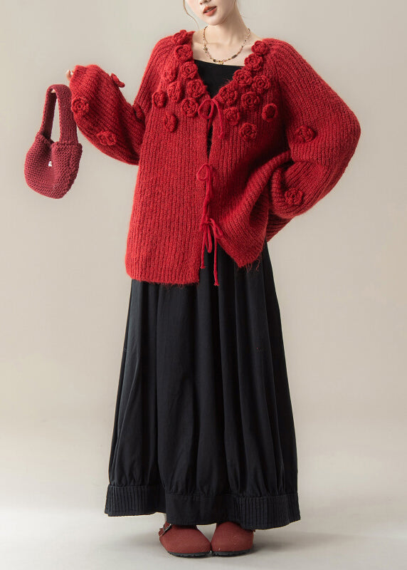 Red V Neck Knit Sweaters and Skirts Two Piece Set Winter