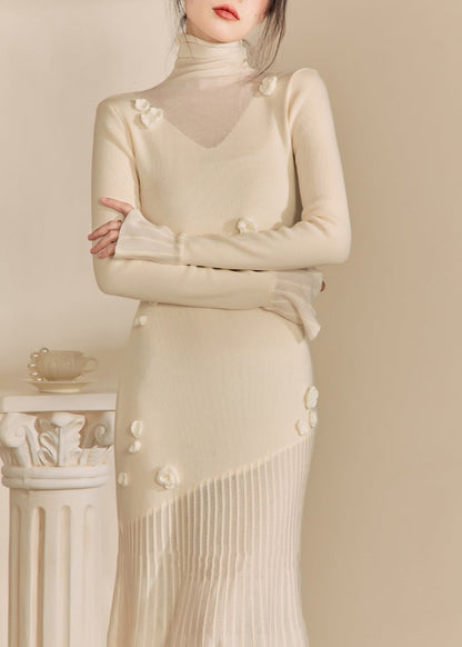 White Hign Neck Patchwork Slim Fit Knit Sweater Dress Fall