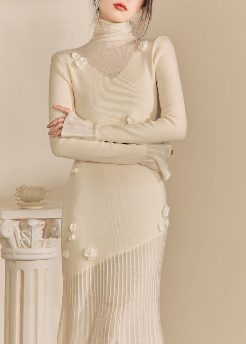 White Hign Neck Patchwork Slim Fit Knit Sweater Dress Fall