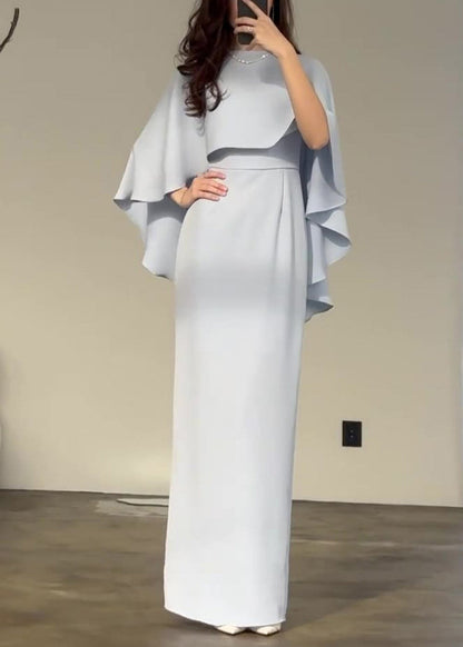 Slim Fit Light Blue Silk Shawl Waist Cinched Dress